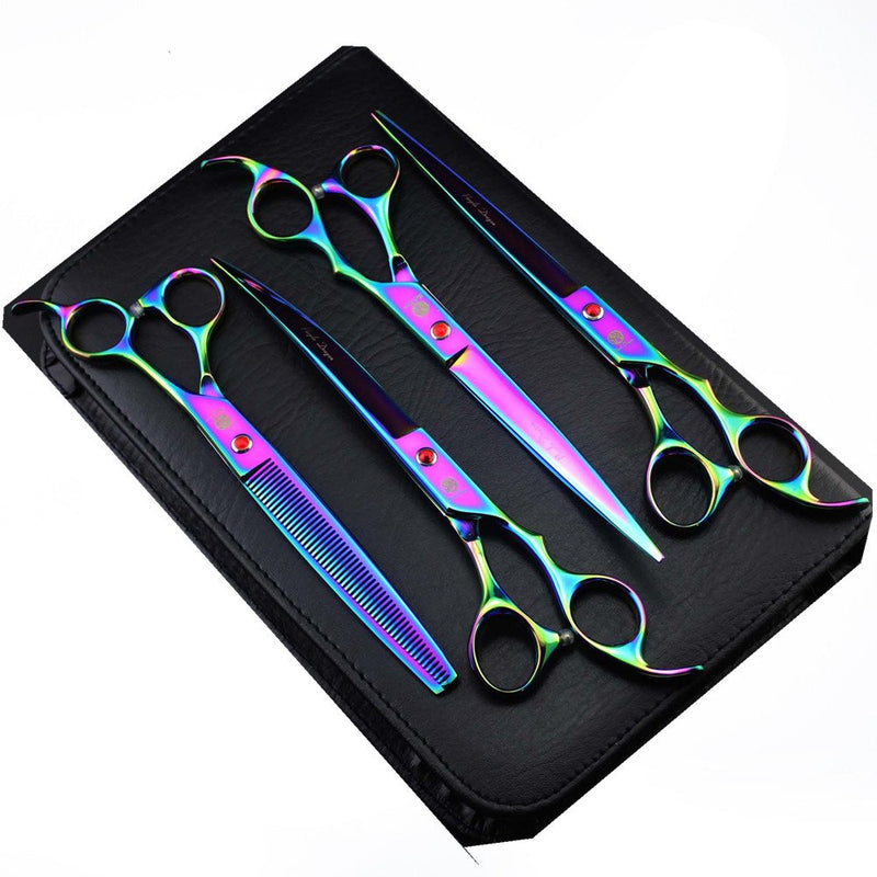 Purple Dragon 8.0 inch Professional Pet Grooming Scissors,Dog Straight Shear, Thinning/Blending Scissor & 2 PCS Curved Shear with Bag (Multicolor) - PawsPlanet Australia