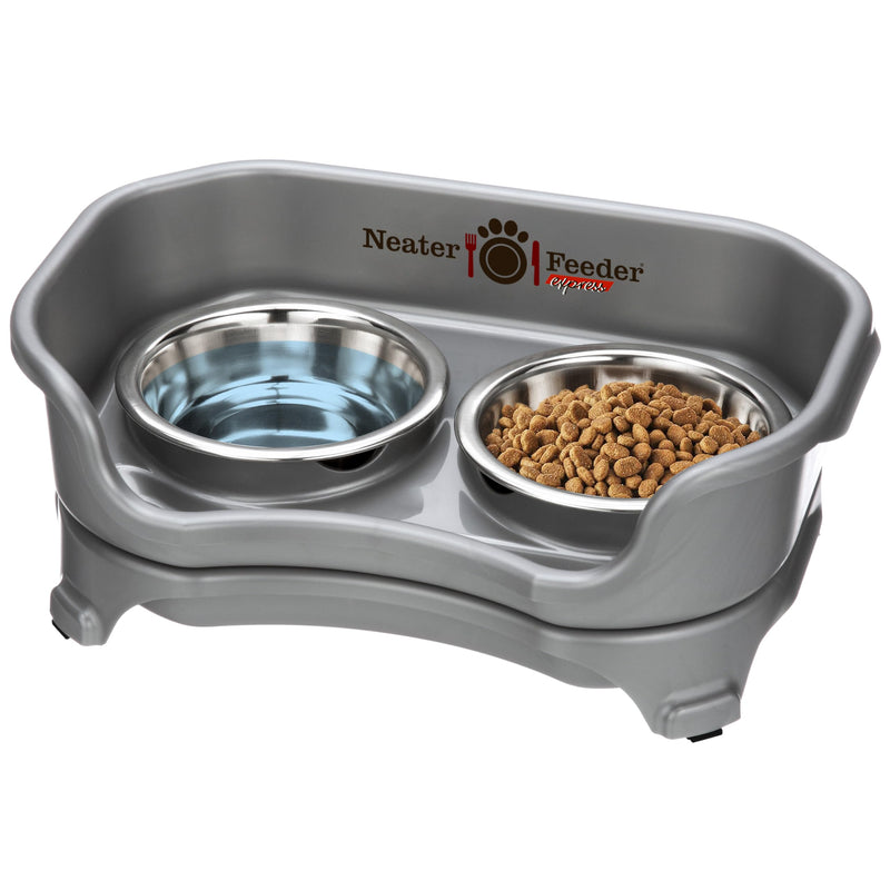 Neater Feeder Express Mess Proof Cat Bowls Elevated, No Spill Feeding Station, Stainless Steel Dishes for Food and Water, Raised Bowls for Indoor Cats, No Fatigue Whisker Friendly Dish, Grey Cat w/ Standard Bowls Gunmetal Grey