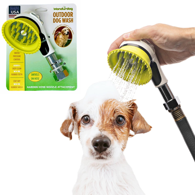 Outdoor Dog Wash Garden Hose Nozzle for Bathing and Quick Paw Rinses. Splash Shield Handle and Rubber Grooming Brush. Metal Connection. Swivels on Hose with Water Pressure Control. White - PawsPlanet Australia