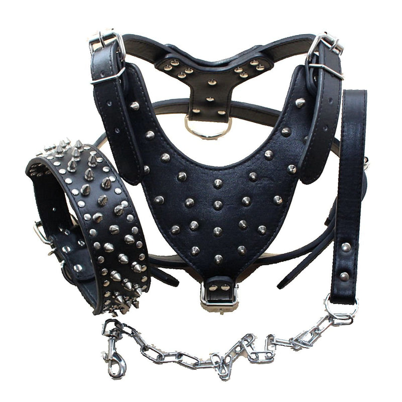 Leather Spiked Studded Medium & Large Dog Collars, Harnesses & Chain Leashes 3Pcs Matching Set for Pit Bull,Mastiff, Boxer, Bull Terrier Black