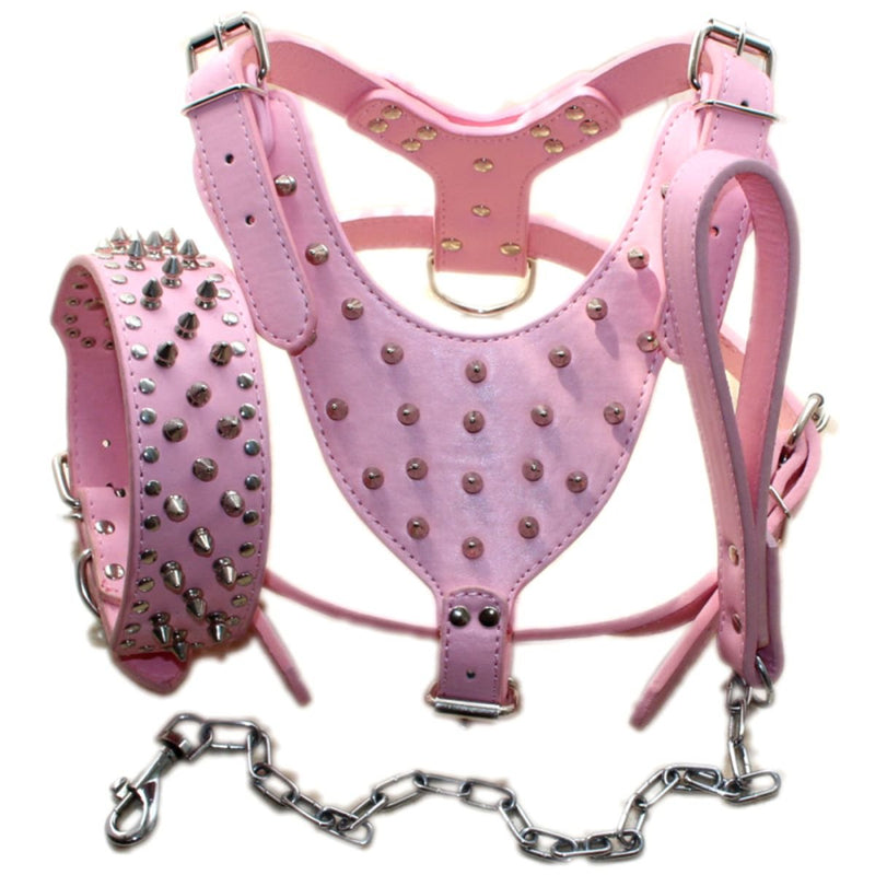 Leather Spiked Studded Medium & Large Dog Collars, Harnesses & Chain Leashes 3Pcs Matching Set for Pit Bull,Mastiff, Boxer, Bull Terrier L Pink - PawsPlanet Australia