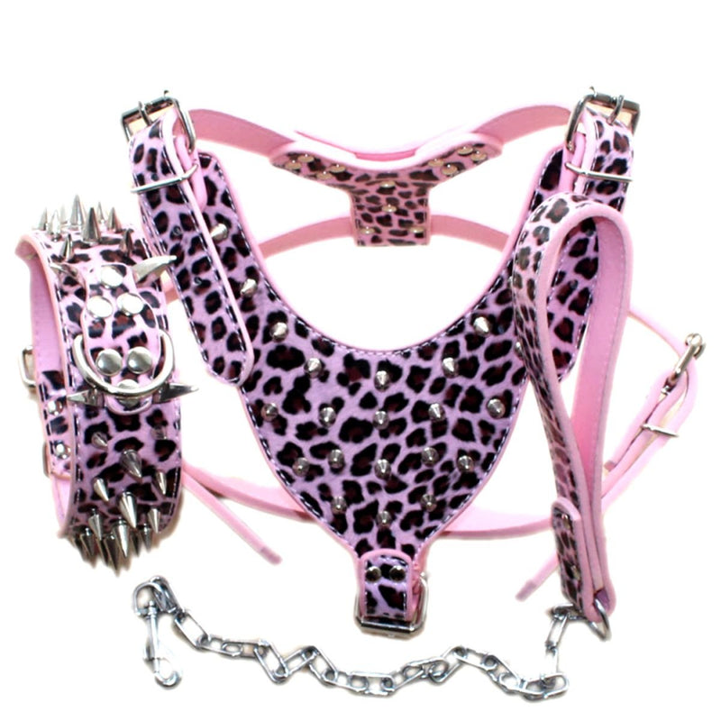 Leather Sharp Spiked Studded Dog Collars, Harnesses & Chain Leashes 3Pcs Matching Set for Medium & Large Dog Pit Bull,Mastiff, Boxer, Bull Terrier Pink Leopard - PawsPlanet Australia