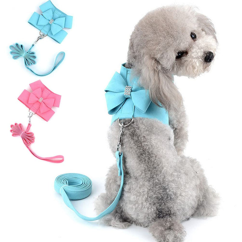 SELMAI Small Pet Dog Cat Bling Rhinestone Harness and Leash Set Bow Girls Soft Ultra Suede Leather, Adjustable/No Pull blue XL - PawsPlanet Australia