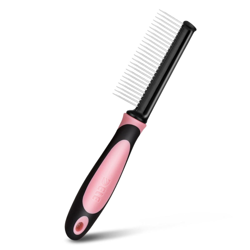 Flexzion Dog Comb - Pet Cat Grooming Trimmer Brush Stainless Steel Blade for Small Animal Puppy Matted Tangles Hair Cutting Removing Tool with Rounded Teeth Needle Soft Grip Handle (Pink) - PawsPlanet Australia