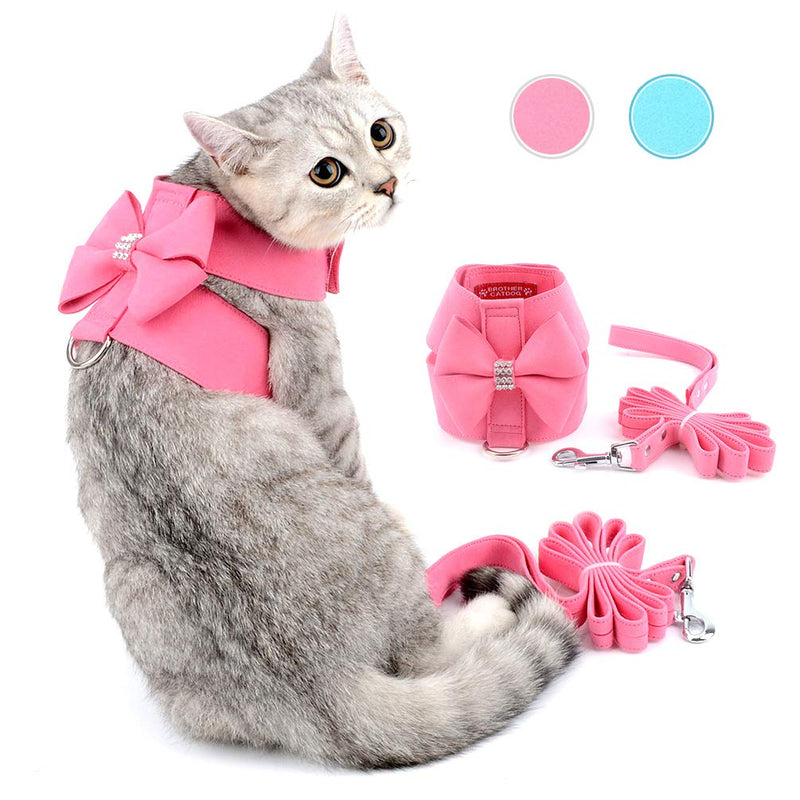 Zunea Pet Dog Vest Harness for Small Dog Girl Bow Tie No Pull Soft Suede Leather Puppy Harness Leash Set Adjustable Bling Rhinestone Cat Kittens Harnesses Escape Proof for Walking Running S (Neck: 10"; Chest: 12",for 3-5 lbs) Pink