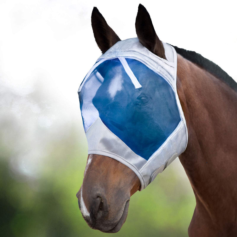 Harrison Howard CareMaster Horse Fly Mask Half Face with Ears Silver/Blue Retro Medium Cob Cob (M) - PawsPlanet Australia