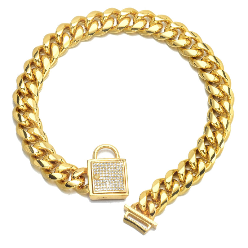 Designer Dog Collar Gold Metal Stainless Steel with Zirconia Lock 14mm 18K Gold Big Dog Luxury Training Collar Cuban Lock Link Necklace Chain(24 inch) 24 inch - PawsPlanet Australia