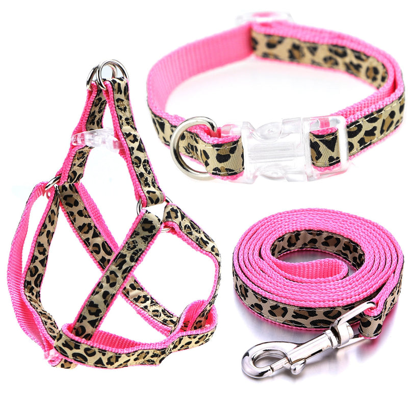 Mile High Life Leopard Dog Harness Collar Leash Set, Adjustable No Pull Dog Halter Harness for Small Breed Dogs, Easy Control for Training Walking (Pink, XS Chest 9"-15", Neck 8"-12") X-Small Neck 8"-12" Pink - PawsPlanet Australia