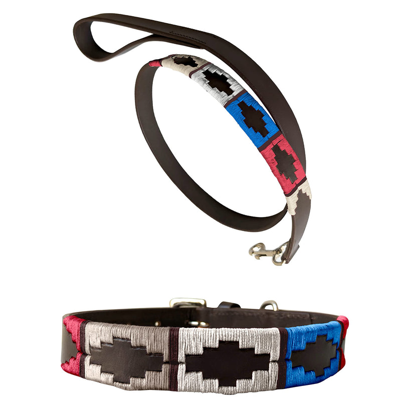 Carlos Diaz Genuine Leather Waxed Embroidered Polo Dog Collar + Free Matching Lead M