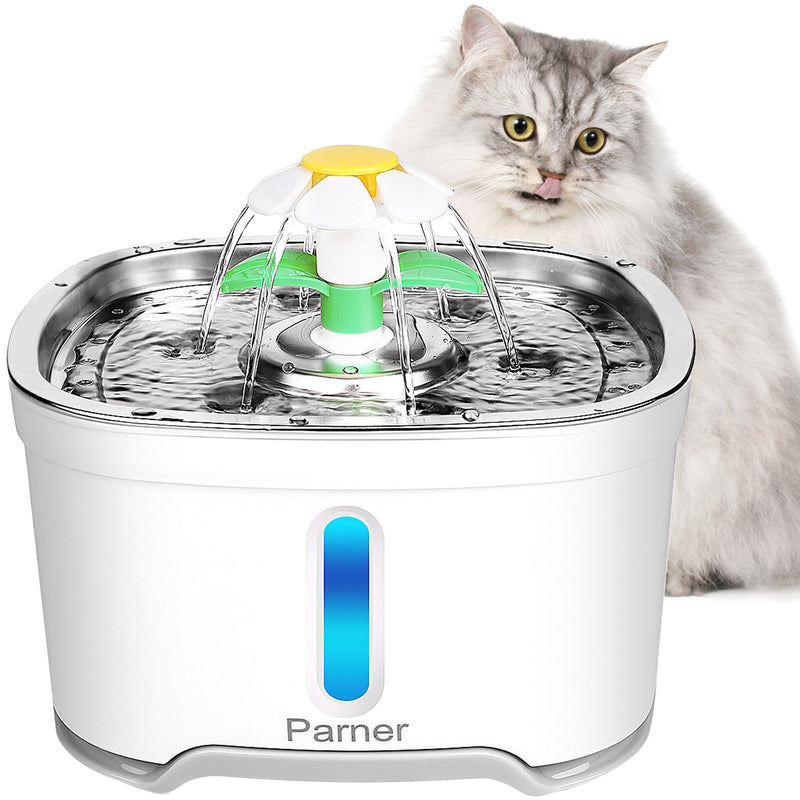 Cat Water Dispenser, Parner Stainless Steel Pet Fountain Flower 2.5L Auto Cat Fountain, Quiet Cat Drinking Fountain with 4 Filters & 1 Silicone Mat & 2 Cleaning Brushes for Cat, Dog, Bird, Other Pets Green & White - PawsPlanet Australia