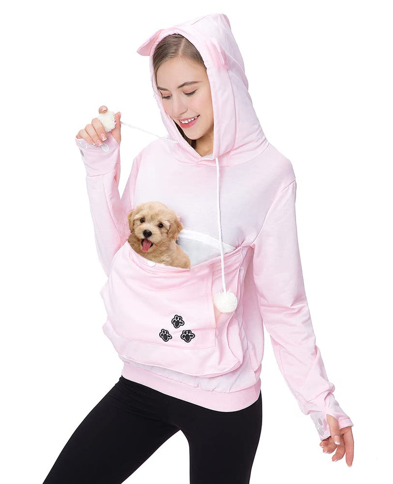 Jomago Womens Pet Carrier Thin Hoodies Kitten Puppy Pouch Shirts Animal Holder Hood Long Sleeve Sweatshirt 3X-Large Pink - PawsPlanet Australia