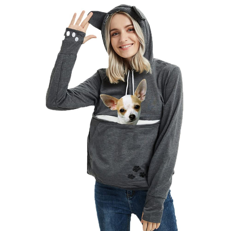 Jomago Womens Pet Carrier Thin Hoodies Kitten Puppy Pouch Shirts Animal Holder Hood Long Sleeve Sweatshirt Large Dark Grey - PawsPlanet Australia