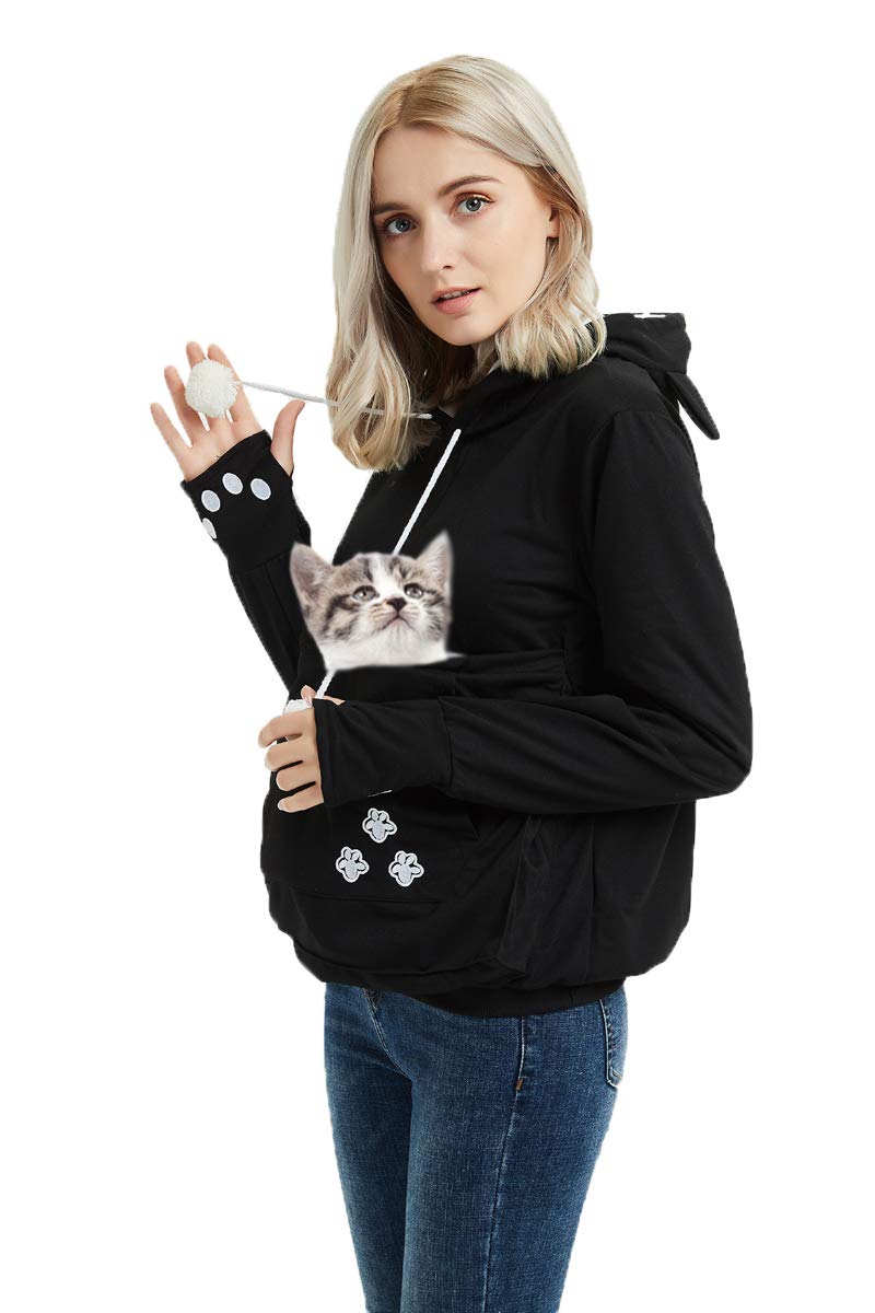 Jomago Womens Pet Carrier Thin Hoodies Kitten Puppy Pouch Shirts Animal Holder Hood Long Sleeve Sweatshirt XX-Large Black - PawsPlanet Australia