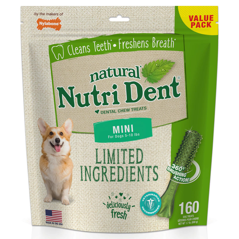 Nylabone Nutri Dent Natural Dental Chews for Dogs, Limited Ingredient Dog Treats Made in the USA, Clean Teeth & Fresh Breath, Healthy Dog Chews, Fresh Breath Flavor, For X-Small Dogs, (160 Count) Fresh Mint 27.2 Ounce (160 Count) - PawsPlanet Australia