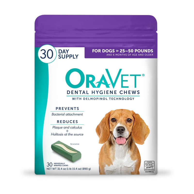 ORAVET Dental Chews for Dogs, Oral Care and Hygiene Chews (Medium Dogs, 25-50 lbs.) Purple Pouch, 30 Count 1.11 Ounce (Pack of 30)