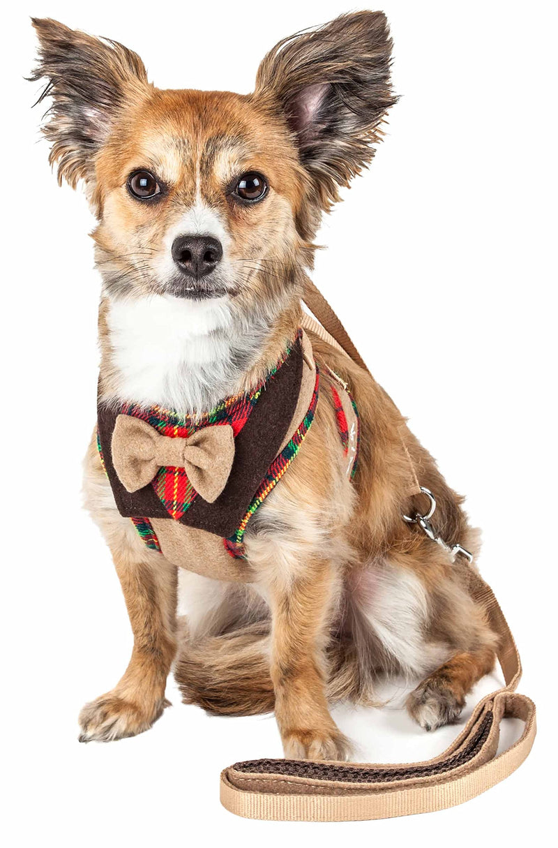 Pet Life ® Luxe Collection Dapperbone 2-in-1 Adjustable Fashion Dog Harness and Leash with Dog Bowtie by Collar - Pet Harness with Reversible Breathable Mesh and Alloy Dog Leash attachments X-small Brown - PawsPlanet Australia