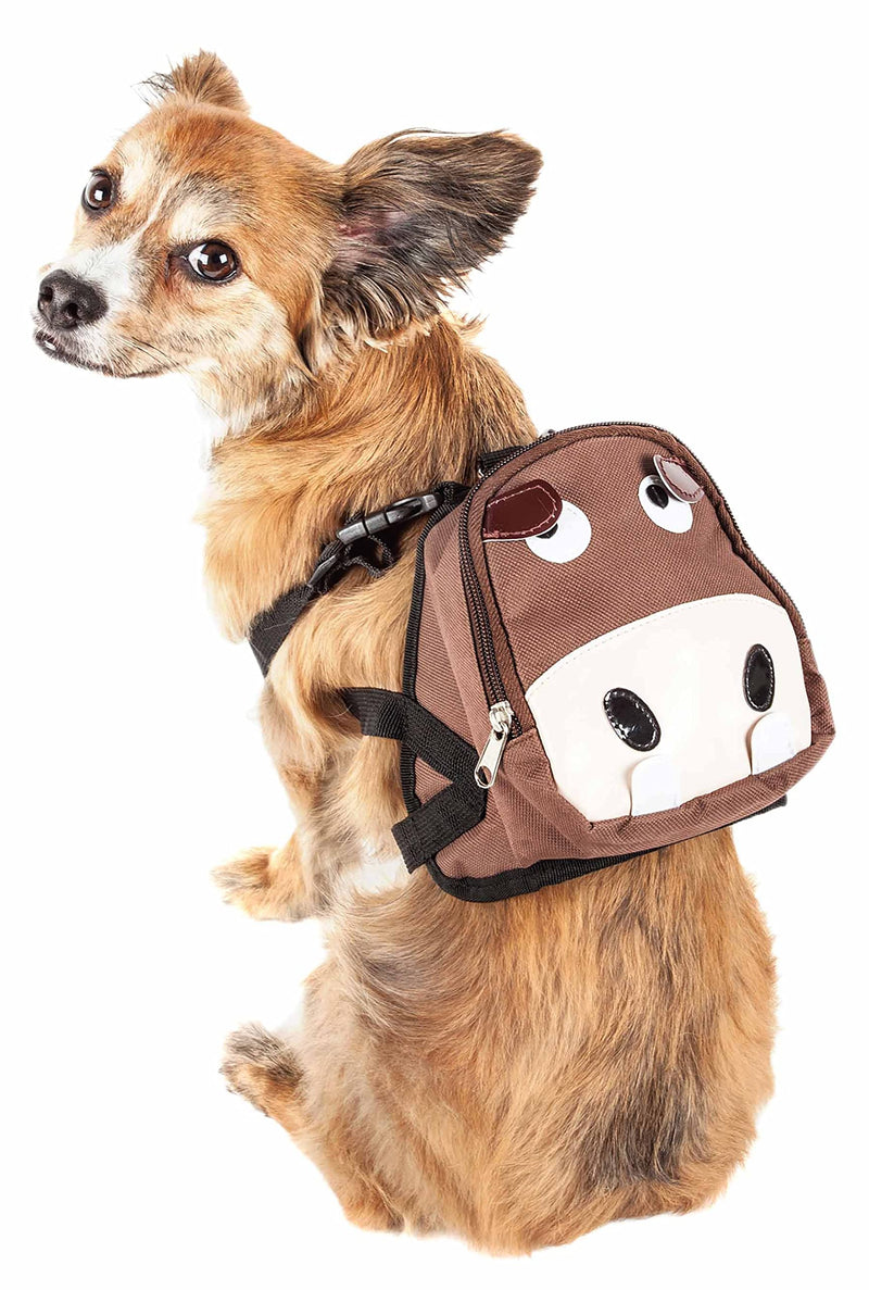 Pet Life ® 'Mooltese' Dual-Pocketed Compartmental Animated Dog Harness and Pet Backpack Carrier with Added Pouch Along The Dog Packpack Medium Brown - PawsPlanet Australia