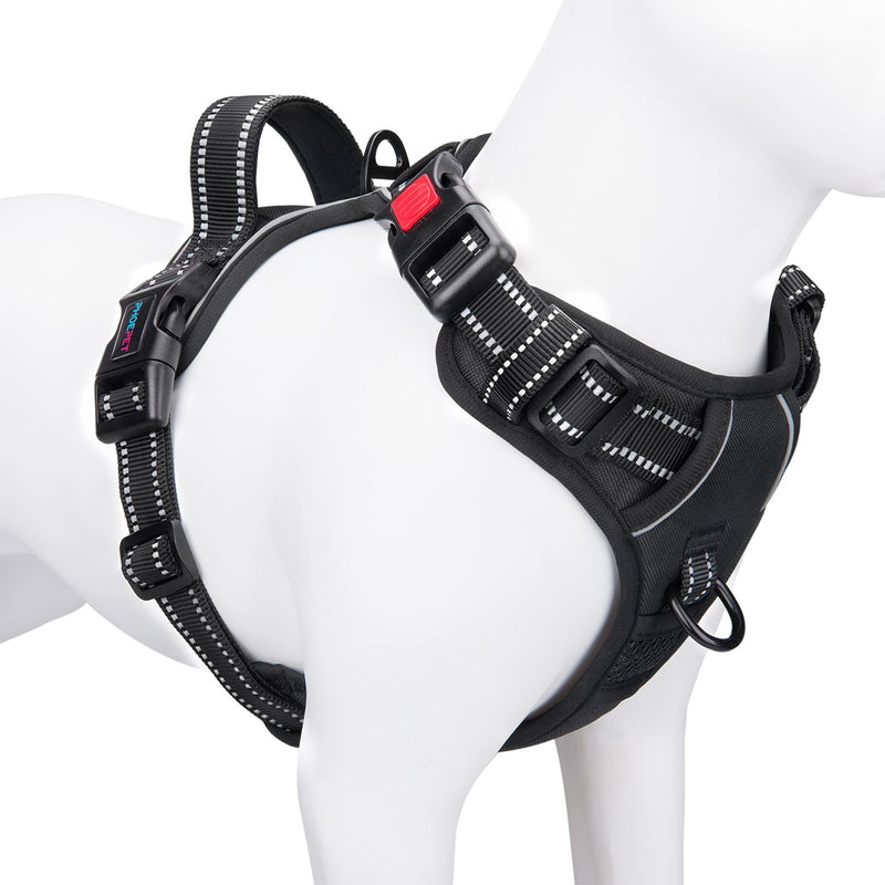 PHOEPET No Pull Dog Harness Medium Reflective Front Clip Vest with Handle,Adjustable 2 Metal Rings 3 Buckles,[Easy to Put on & Take Off](M, Black) - PawsPlanet Australia