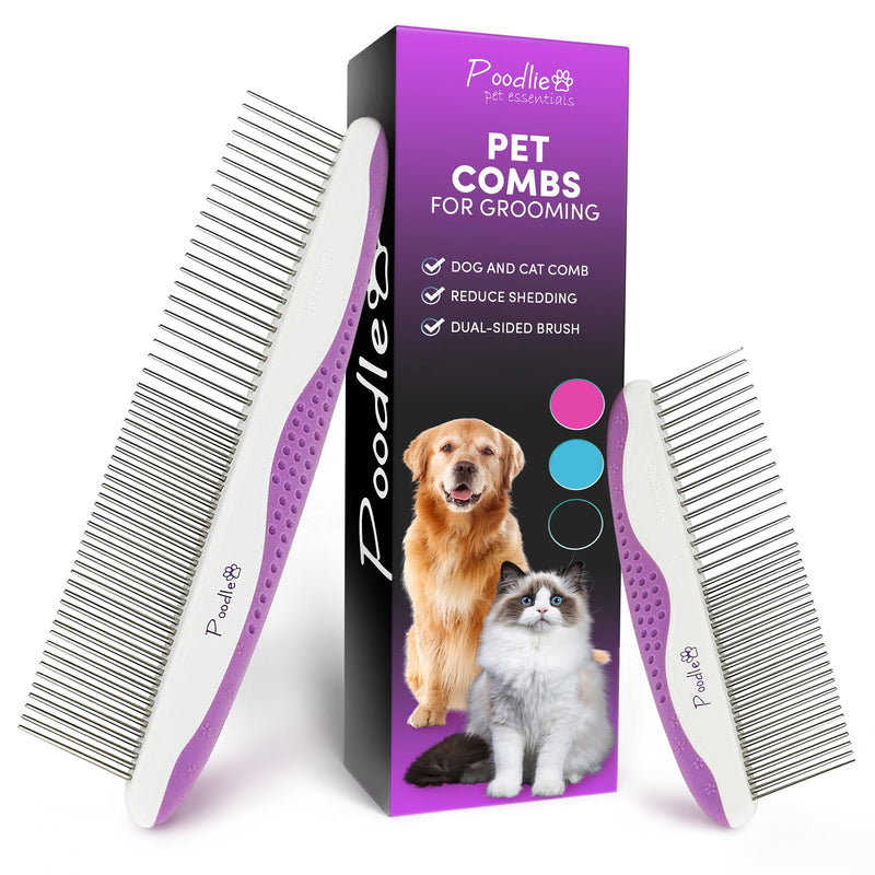 Poodle Pet Dog Combs for Grooming | 2 Pack | Stainless Steel Teeth Easily Remove Dirt | Proper Care Prevents Knots and Mats for Long and Short Haired Pets | Anti-Slip Comfort Grip Handle (Purple) Purple