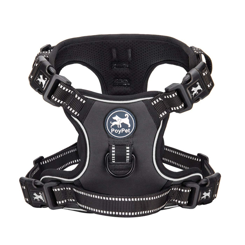 PoyPet 2019 Upgraded No Pull Dog Harness with 4 Snap Buckles, Reflective with Front & Back 2 Leash Hooks and an Easy Control Handle [NO Need Go Over Dog’s Head] Medium Black