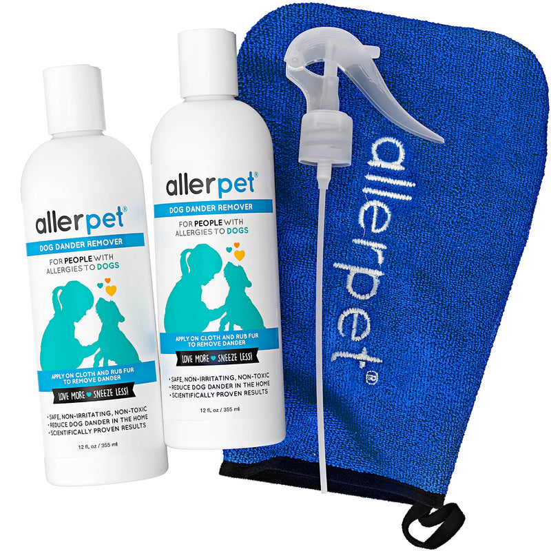 Allerpet Dog Dander Remover w/Free Applicator Mitt & Sprayer - Best Pet Dander Remover for Allergens - for Canine Dry Skin Treatment - Good for Fur & Skin - 2 Pack (12oz) 2 Pack w/ Applicator Mitt + Sprayer - PawsPlanet Australia