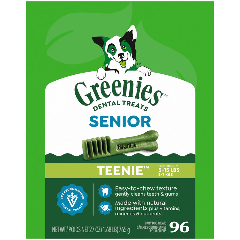 Greenies Dental Treats for Dogs, Veterinarian-Recommended Aging Care Adult Natural Dental Dog Treats, Teenie Size, 27 oz. Pack, 96 Count 96 Count (Pack of 1)