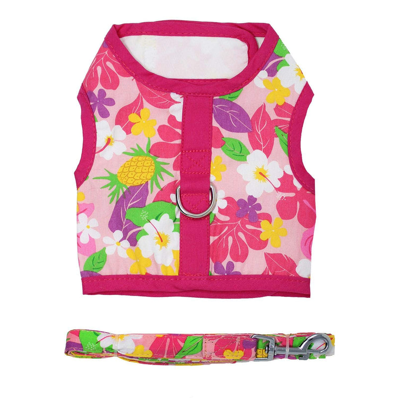 DOGGIE DESIGN Fabric Dog Harness with Leash Pink Hawaiian Floral (X-Small) - PawsPlanet Australia