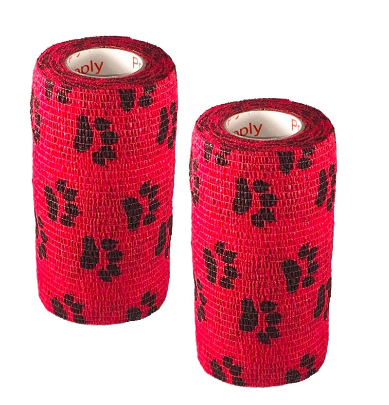 Vet Wrap Wrap Tape (Red with Paw Prints) (2 Pack) (3 Inch x 15 feet) Self Adhesive Adherent Adhering Cohesive Flex Self Stick Bandage Grip Roll Dog Cat Pet Horse 2 Rolls Red With Black Paws - PawsPlanet Australia