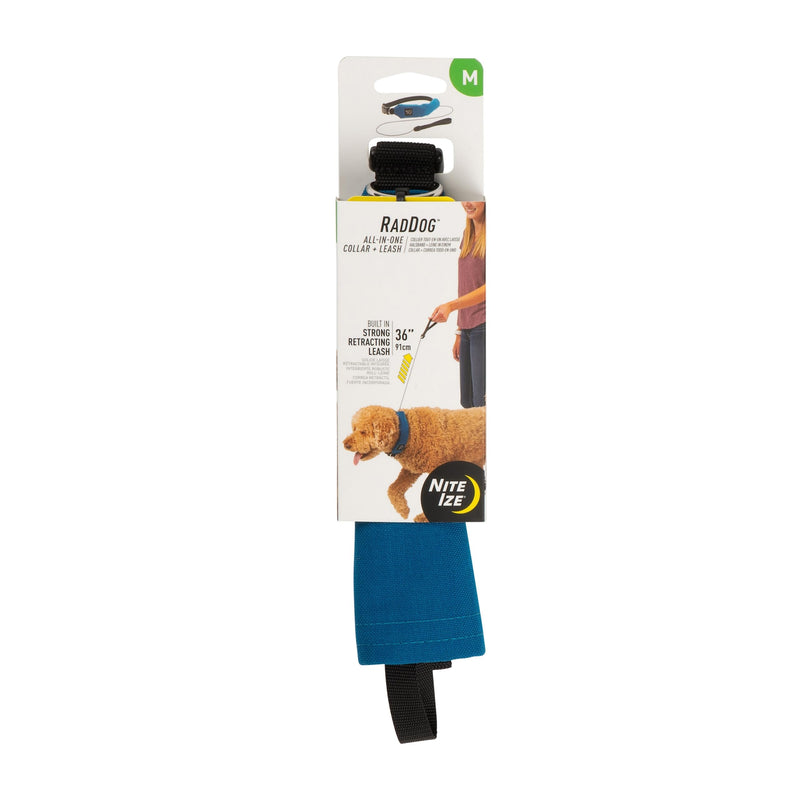 Nite Ize Raddog All-in-One Collar and Leash Combo - Heavy-Duty Dog Collar with Built-in Retractable Leash - 16" to 18" Collar - Blue, Medium - PawsPlanet Australia