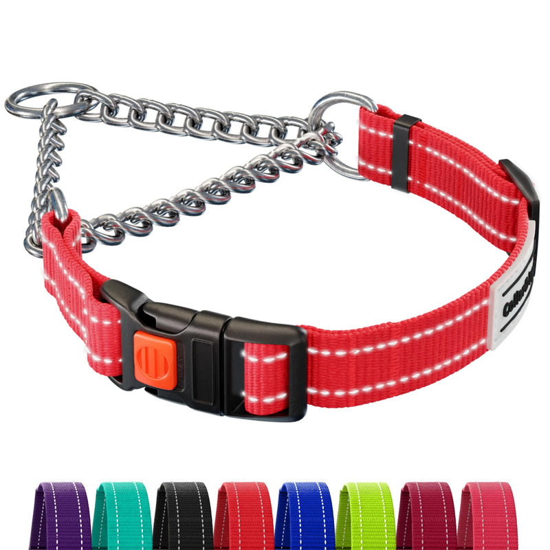 CollarDirect Martingale Dog Collar with Stainless Steel Chain and Quick Release Buckle - Reflective Collar for Large, Medium, Small Dogs - Red, Large (Neck Size 17"-22") Large (Neck Size 17"-22") Nylon with Chain - PawsPlanet Australia
