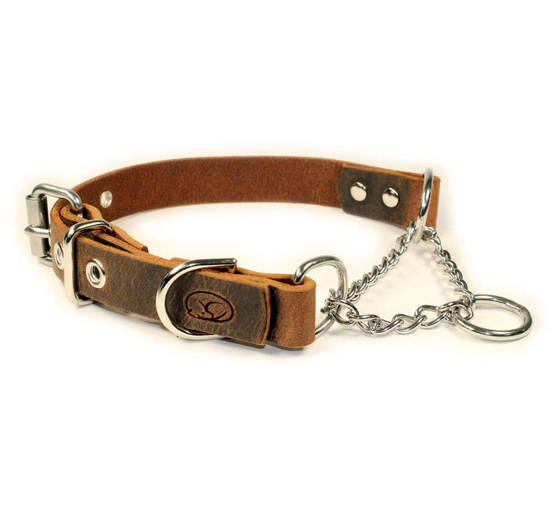 Adjustable Leather Martingale Chain, Limited Slip, Half-Check Chain, Training Dog Collar (Large: 18"-22", Dark Brown) Large: 18"-22" - PawsPlanet Australia