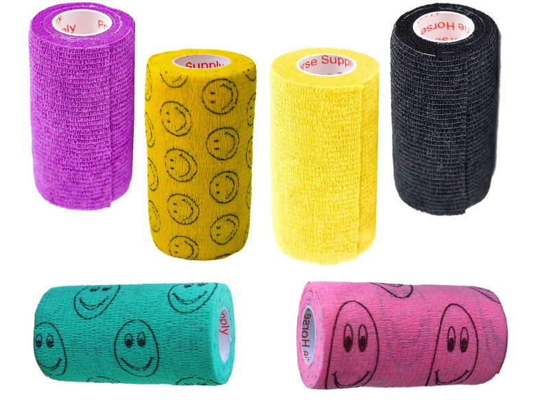 4 Inch Self Adhesive Medical Bandage Wrap Sport (Purple, Yellow, Black and Smiles on Yellow, Pink, Green) (6 Pack) Strong Elastic Self Adherent Flex Rolls for Wrist Ankle Knee Sprains and Swelling Assorted 1 4 Inch (Pack of 6) - PawsPlanet Australia