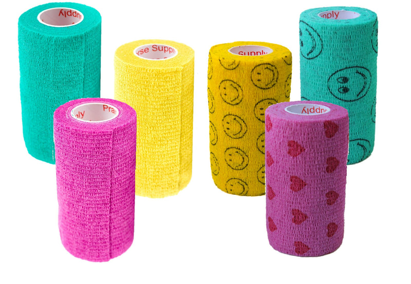 3 Inch Self Adhesive Medical Bandage Wrap Sport Tape (Green, Yellow, Plum, Smiles on Yellow and Green & Hearts) (6 Pack) Strong Elastic Self Adherent Flex Rolls for Wrist Ankle Knee Sprains Swelling Assorted 2 6 Count (Pack of 1) - PawsPlanet Australia