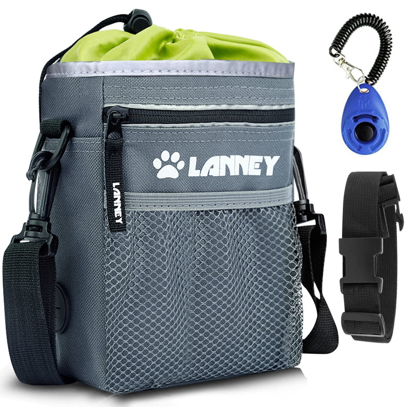 Dog Treat Pouch - 3 Ways to Wear Dog Treat Bag, Dog Training Treat Pouches for Pet Training with Clicker, Shoulder Strap, Adjustable Belt, Poop Bag Dispenser, Easily Carrying Kibble Snacks Pet Toys Pouch(Gray with Green)+Clicker - PawsPlanet Australia