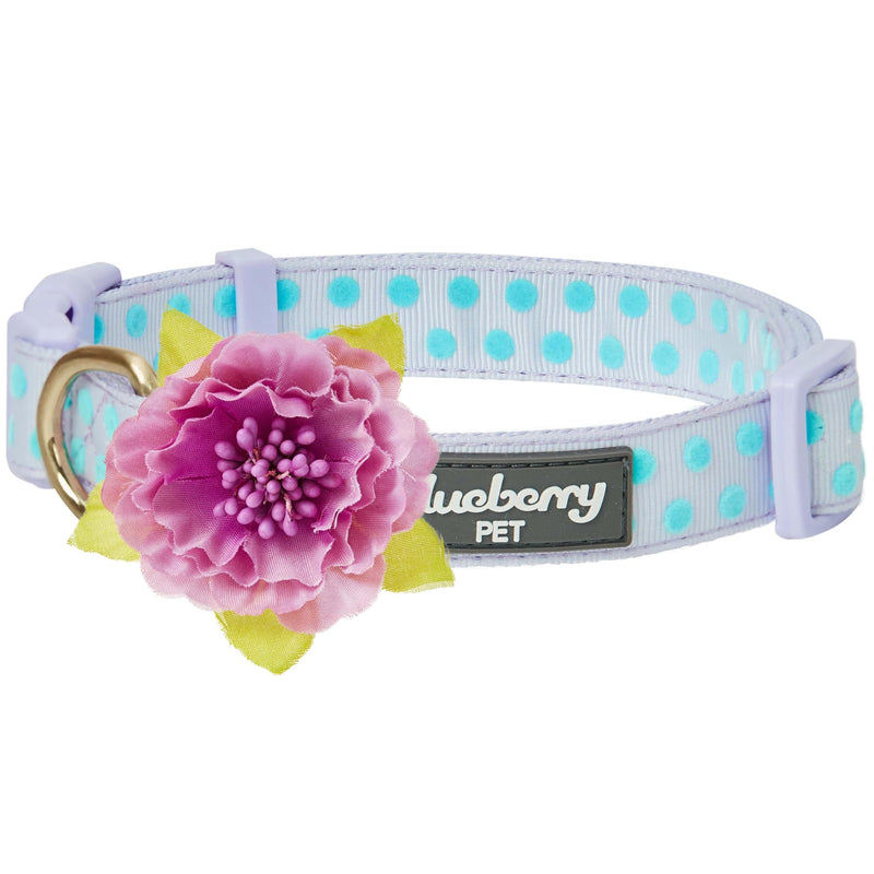 Blueberry Pet Adjustable Flocking Dog Collar with Artificial Silk Flower - Polka Dot in Pastel Purple, Large, Neck 18"-26" Flocking Print - Pastel Purple - PawsPlanet Australia