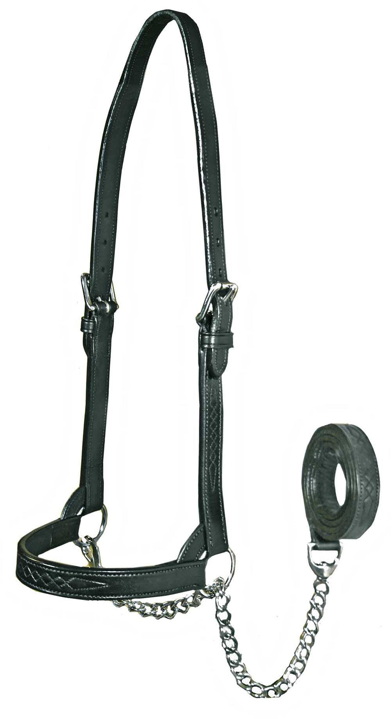 Derby Originals Premium Fancy Stitch Flat Leather Cattle Show Halter – Adjustable Fit with 48" Lead and 14" Chain, Small/Medium/Large – 1-Year Warranty Black Small (350-700lbs)