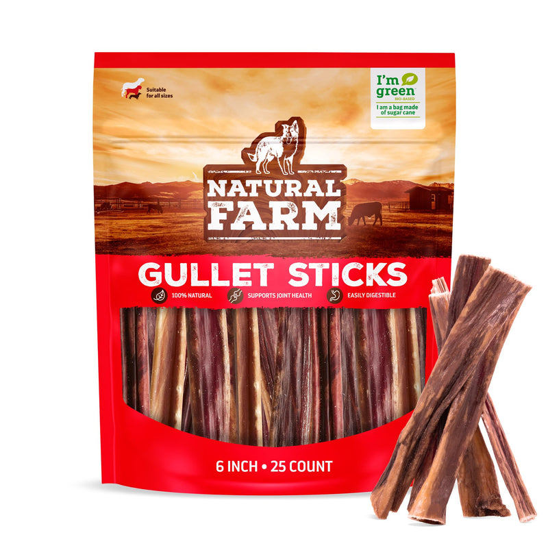 Natural Farm Gullet Sticks (6 Inch, 25 Pack), Grain-Free, Preservative-Free & Fully Digestible Beef Esophagus – Gentle Yet Effective Fun - Best for Light, Pups & Senior Chewers 6-inch 6 Inch (Pack of 25) - PawsPlanet Australia