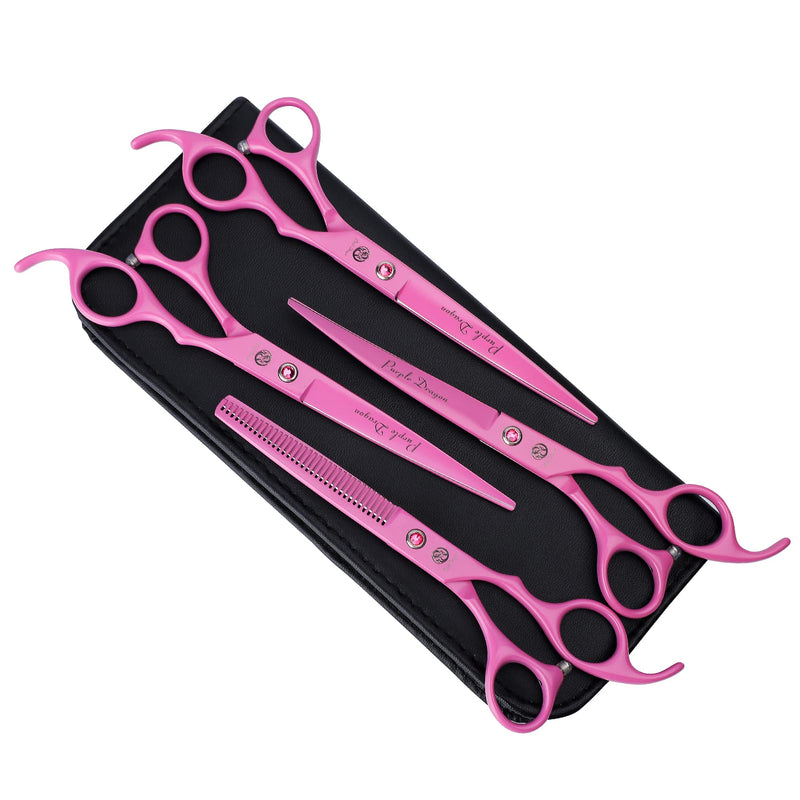 Purple Dragon Professional 7.0 inch 4PCS Pet Grooming Scissors Kit Japan Premium Steel Straight & Curved & Thinning Blade Dog Hair Cutting Shears Set with Case Pink - PawsPlanet Australia