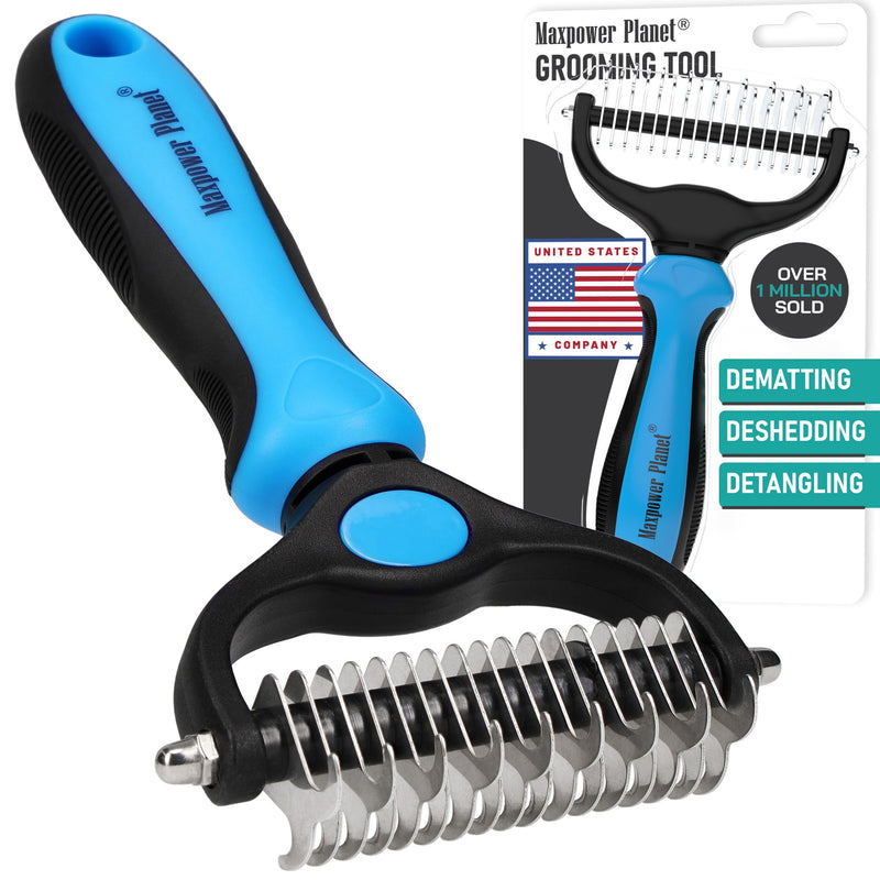 Maxpower Planet Original Pet Grooming Rake - Double-Sided Deshedding Dematting Tool, Undercoat Rake for Dogs & Cats, Extra-Wide Dog Grooming Brush & Deshedder Comb for Long Hair, Reduces Shedding 95% Blue Large - PawsPlanet Australia