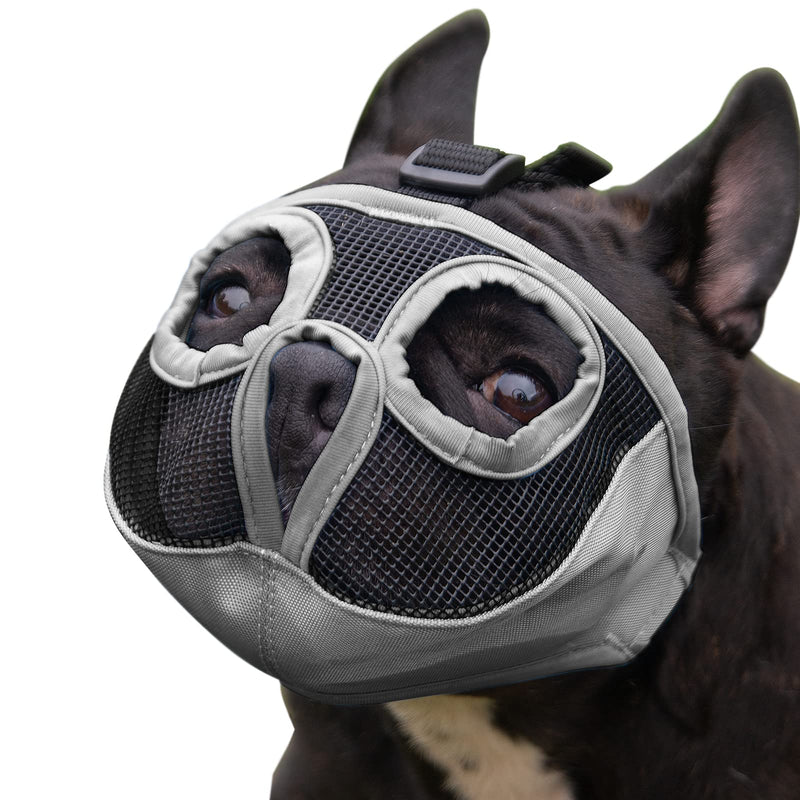 JWPC Short Snout Dog Muzzle- Adjustable Bulldog Muzzle Breathable Mesh Dog Mask for Biting Chewing Barking Training Licking and Grooming S(9"-12") Grey