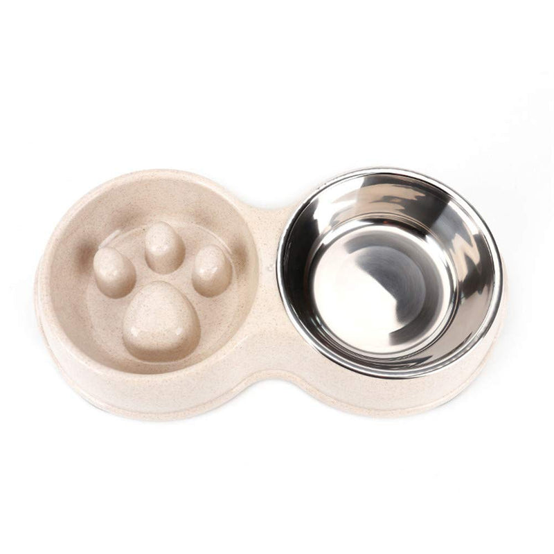 Tineer Double Pet Dog Slow Feeder Bowl,Stainless Steel Anti-Choke Puppy Food and Water Feeder for Dog Cats White