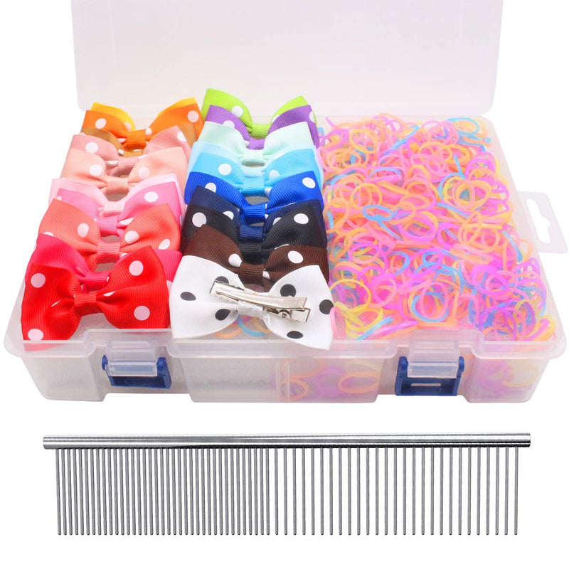 YOY 20 Adorable Pet Dog Hair Bows with Clips & 1000 Rubber Bands & 1 Steel Grooming Comb Set for Groomer,Puppy Top Knot Bowknot Doggy Ponytails Braids and Dreadlocks Cat Kitty Accessories 20 Bows 1000 Bands-F - PawsPlanet Australia