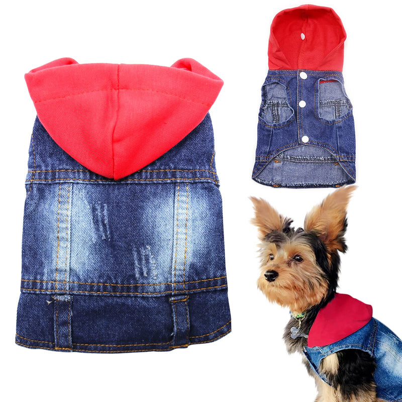 SILD Pet Clothes Dog Jeans Jacket Cool Blue Denim Coat Small Medium Dogs Lapel Vests Classic Hoodies Puppy Blue Vintage Washed Clothes (Red,M) Red - PawsPlanet Australia