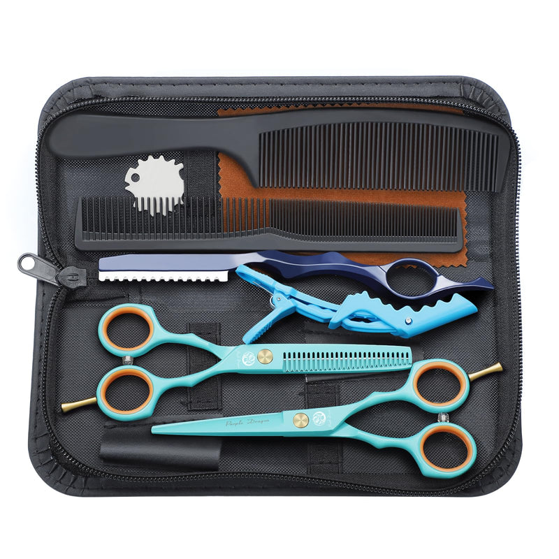 Purple Dragon 5.5 inch Hair Cutting Scissors Set with Razor, Leather Scissors Case, Barber Hair Cutting Shears Hair Thinning/Texturizing Shears for Professional Hairdresser or Home Use (Blue) Blue