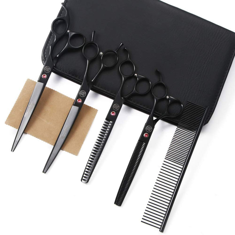 Professional Dog Grooming Scissors Set, 7 Inch/8 Inch Pet Grooming Scissors Chunkers Shears for Dog, Curved Dog Grooming Scissors, Thinning Shears for Dog with Grooming Comb 8 Inch (Pack of 5) Black