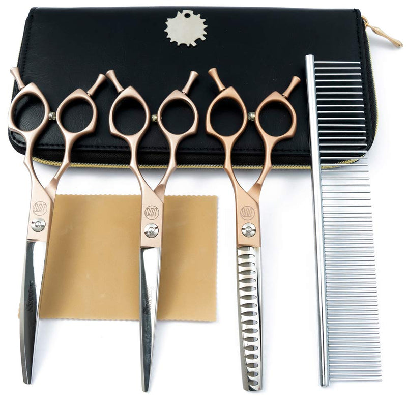 Moontay 6.5" Professional Pet Grooming Scissors Set, 3-pieces Dog Cat Grooming Straight & Curved & Chunker Shears/Scissors with 1 Grooming Comb, 440C Japanese Stainless Steel Grooming Scissor, Gold 3 PCS ( Straight & Curved & Chunker Scissors ) - PawsPlanet Australia