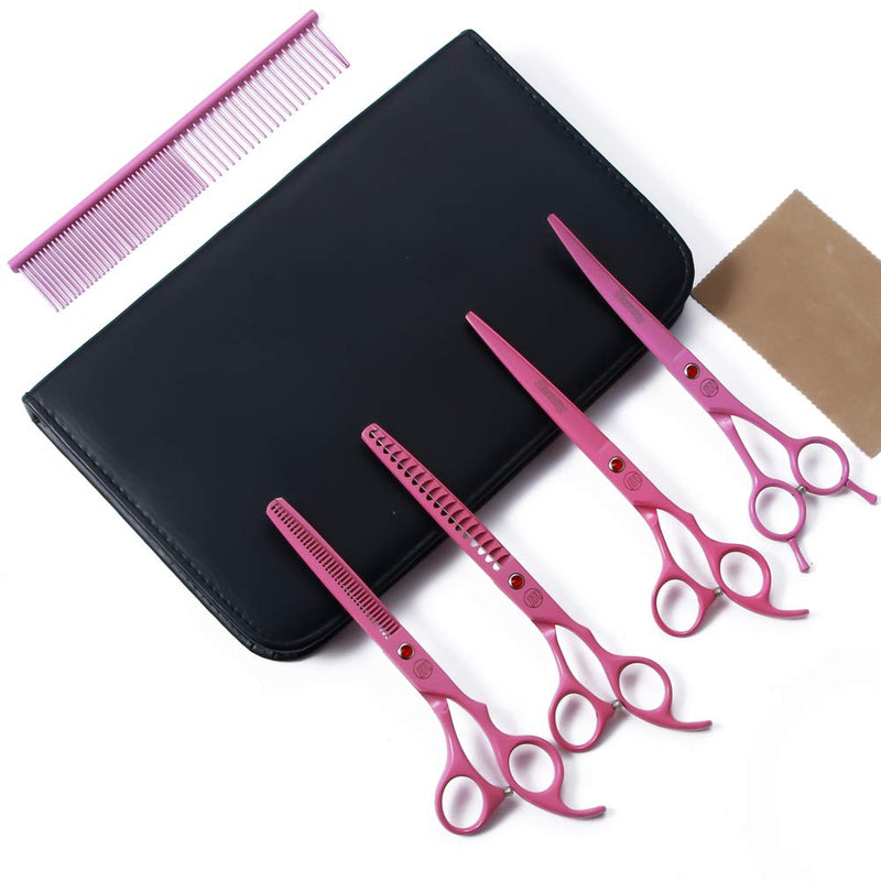 Professional Dog Scissors Set - 7 Inch/8 Inch Curved Chunkers & Thinning Shears with Grooming Comb 7 Inch (Pack of 5) Pink - PawsPlanet Australia