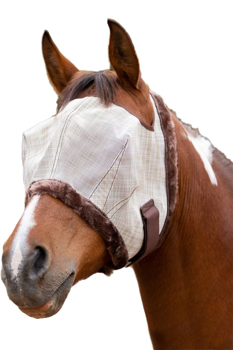 Kensington Fly Mask with Fleece Trim for Horses — Protects Face and Eyes from Flies and Sun Rays While Allowing Full Visibility — Breathable and Non Heat Transferring, X-Large, Tan - PawsPlanet Australia