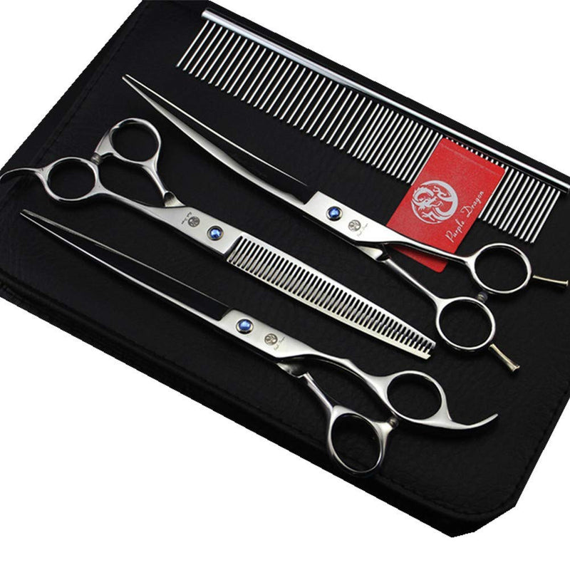 Purple Dragon 8.0" Titanium Multicolor Professional Pet Grooming Scissors Set,Straight & Thinning & Curved Scissors Shear with Bag for Dog Cat Grooming Silver - PawsPlanet Australia