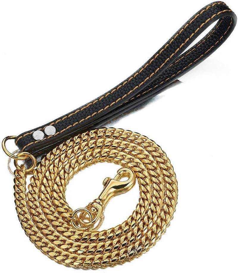 Strong Dog Chain Gold Leash Long 3FT 4FT 5FT 18K Stainless Steel 12mm Curb Cuban Link Dog Leash with Comfortable Genuine Leather Handle(Gold, 4FT) 18K Gold 4FT (48inches) - PawsPlanet Australia